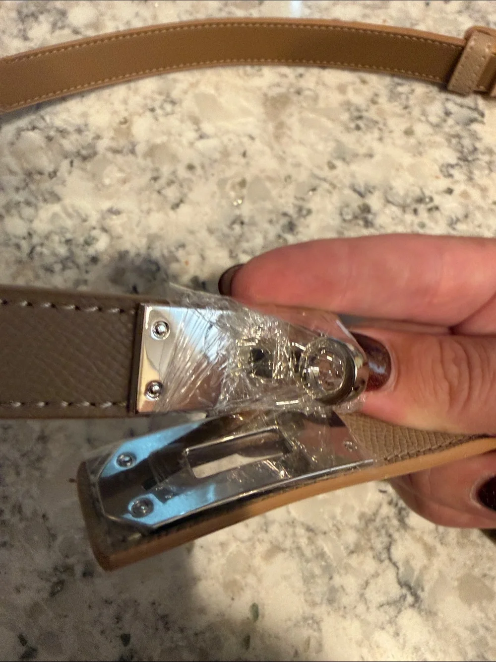 Beige Leather Waist Belt with Silver Buckle